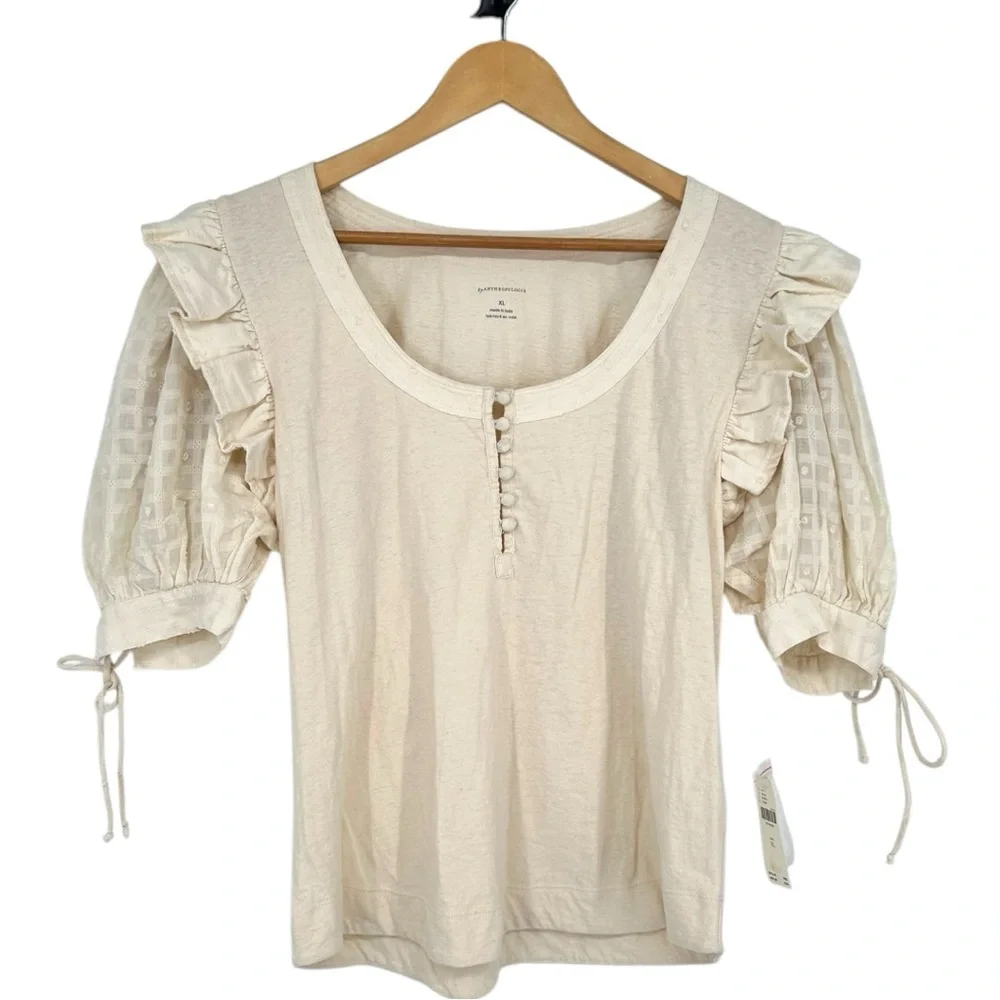 By Anthropologie Embroidered Elbow Puff-Sleeve Top size XL Cream Floral NWT